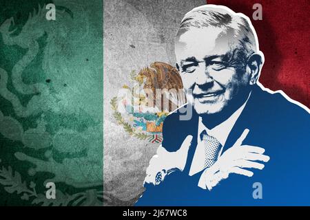 Andrés Manuel López Obrador (AMLO), Flagge von Mexiko und Nationalschild Stockfoto