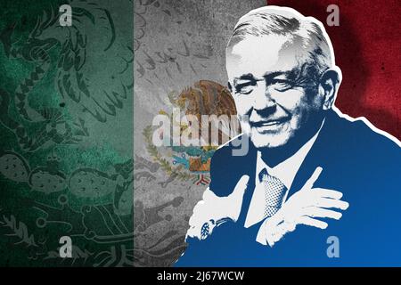 Andrés Manuel López Obrador (AMLO), Flagge von Mexiko und Nationalschild Stockfoto