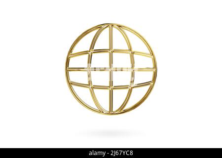 Goldenes Globensymbol auf weißem Hintergrund isoliert. Zum Symbol für das Web-Symbol wechseln. 3D Rendern Stockfoto