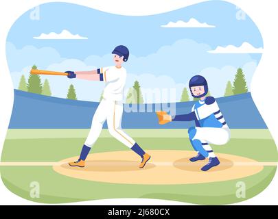 Baseballspieler Sport Werfen, fangen oder schlagen einen Ball mit Fledermäuse und Handschuhe tragen Uniform auf Court Stadium in Flat Cartoon Illustration Stock Vektor