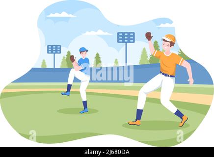 Baseballspieler Sport Werfen, fangen oder schlagen einen Ball mit Fledermäuse und Handschuhe tragen Uniform auf Court Stadium in Flat Cartoon Illustration Stock Vektor