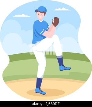 Baseballspieler Sport Werfen, fangen oder schlagen einen Ball mit Fledermäuse und Handschuhe tragen Uniform auf Court Stadium in Flat Cartoon Illustration Stock Vektor