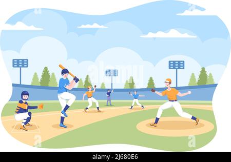 Baseballspieler Sport Werfen, fangen oder schlagen einen Ball mit Fledermäuse und Handschuhe tragen Uniform auf Court Stadium in Flat Cartoon Illustration Stock Vektor