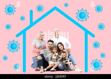 Gesunde Familie, gezogenes Haus und Viren auf rosa Hintergrund. Konzept der starken Immunität Stockfoto