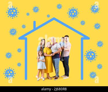 Gesunde Familie, gezogenes Haus und Viren auf gelbem Hintergrund. Konzept der starken Immunität Stockfoto