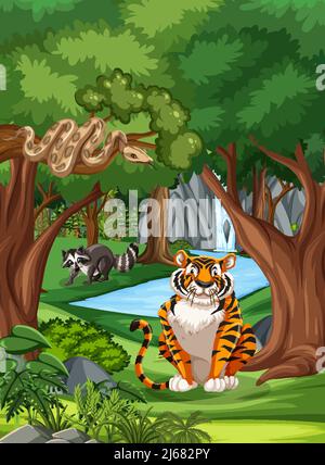 Waldszene mit verschiedenen wilden Tieren Illustration Stock Vektor