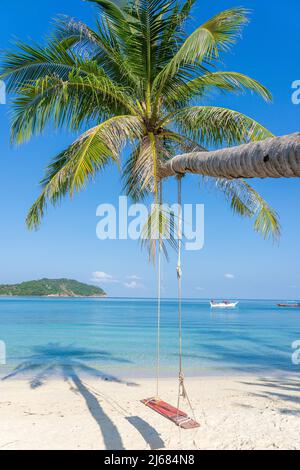 Schwingen hängen von kokospalme über Sand Strand in der Nähe von Blue sea water in Insel Koh Phangan, Thailand. Sommer, Reisen, Ferien und Urlaub Konzept Stockfoto