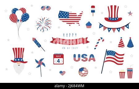 Satz von Symbolen für den Unabhängigkeitstag der USA. Kostüme und traditionelle Elemente für die Feier des 4.. Juli. Nationaler Tag Der Freiheit. Vektordarstellung in Stock Vektor