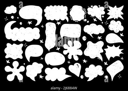Eine Reihe von Sprechblasen mit handgezeichneten Dialogwörtern im Doodle-Stil. Verschiedene Formen der Rede für Comic-Figuren. Weiße Silhouetten auf Schwarz Stock Vektor