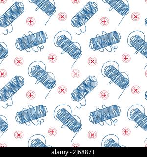 Nahtloses Muster aus Fadenspulen und Knöpfen, handgezeichnete Kritzeleien im Sketch-Stil. Gewinde. Taste. Handgefertigt. Gewinde. Vektor einfache Illustration Stock Vektor