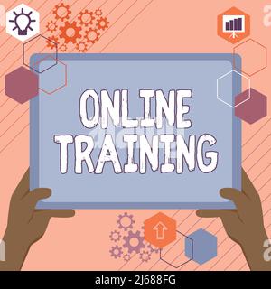 Schild mit Online-Schulung. Konzeptionelles Foto Nehmen Sie das Bildungsprogramm von der Hand der elektronischen Mittel mit Big Tablet Searching Plans for New Stockfoto