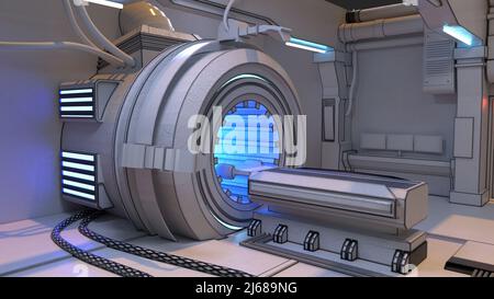 Science Fiction Innenraumumgebung des Techniklabors auf Raumschiff 3D Rendering von Science-Fiction-Hightech-futuristischen Raum ohne Menschen mit glühenden Stockfoto