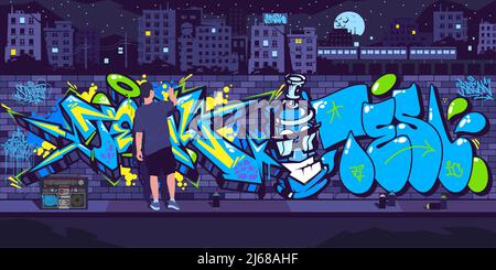 Dark Urban Graffiti Wall Mit Street Artist Painting Graffiti-Zeichnungen In Der Nacht Vor Dem Hintergrund Des Stadtbildes Vektor-Illustration Stock Vektor