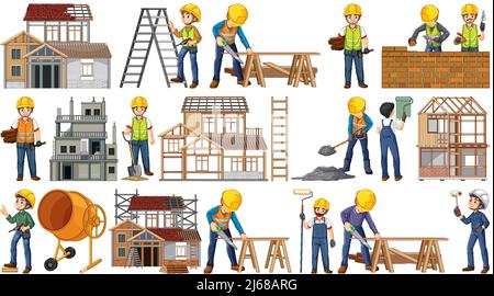 Satz von Baustellen Objekte und Arbeiter Illustration Stock Vektor