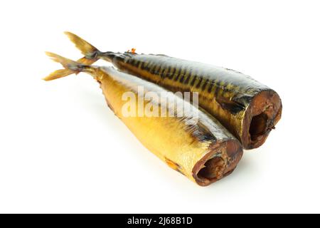 Leckere geräucherte Makrele isoliert auf weißem Hintergrund Stockfoto