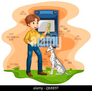 Geldautomat mit einem Mann Geld abheben Illustration Stock Vektor