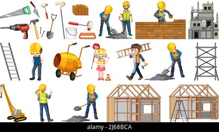 Satz von Baustellen Objekte und Arbeiter Illustration Stock Vektor