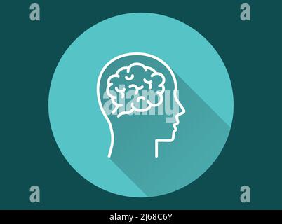 Kopf mit Gehirnsymbol. Einfache Illustration mit langem Schatten für Grafik- und Webdesign. Stock Vektor