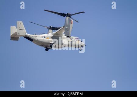 Eine Bell Boeing CVM-22B Osprey Tilt-Rotor-Maschine mit dem Fleet Logistics Multi-Mission Squadron 30 (VRM-30) vor der USS Abraham Lincoln Stockfoto