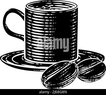 Kaffeebohnen Und Tasse Vintage Holzschnitt Illustration Stock Vektor