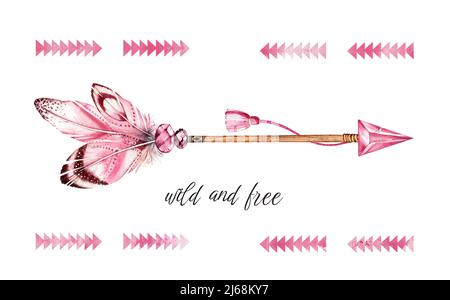 Aquarell-Poster mit rosa Pfeil. Banner mit Boho-Federn, Edelsteinen und Schriftzug. Handbemalte Illustration mit Text für Druck, Logo und Stockfoto