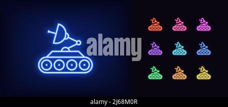 Umreißen Sie das Symbol für den Mars Rover aus Neon. Leuchtender Neon-Weltraumrover mit Satellitenschüssel, Roboterforscher-Piktogramm. Raumfahrzeug und Wanderer, kosmische Untersuchung Stock Vektor