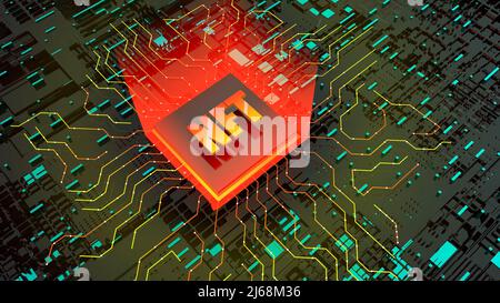 NFT 3D-Bild. Blockchain nicht fungible Token-Idee. Computerchip NFT auf digitalem Hintergrund. Kryptowährung, Kryptoökonomie, Blockchain-Technologiekonzept . Hochwertige 3D-Illustration Stockfoto