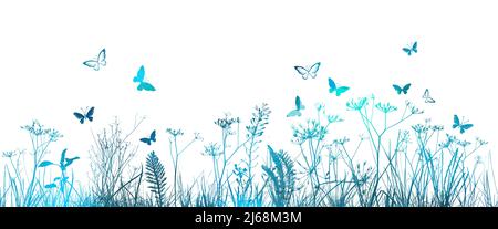 Blaues Gras mit Schmetterlingen. Vektorgrafik. Abstrakt bunten Blumenvektor Hintergrund Stock Vektor
