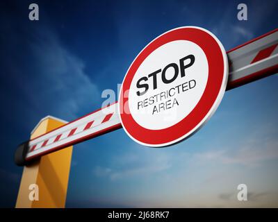 Schrankensystem mit Stoppschild. 3D Abbildung. Stockfoto