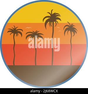 Glänzender runder Retro Sunset Beach Aufkleber mit Palmen, Vektorgrafik Stock Vektor