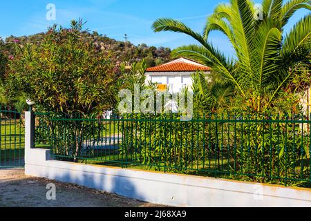 Sommerurlaub Hintergrund mit Palmen und weißem Haus mit rotem Dach in Griechenland Insel Stockfoto