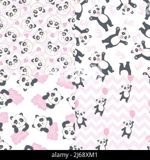 Set aus Grußkarte und nahtlosem Muster mit handgezeichneten niedlichen Pandas und Herzen für Valentinstag, Muttertag, Vatertag, Geburtstag, Hochzeit. V Stock Vektor