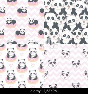 Set aus Grußkarte und nahtlosem Muster mit handgezeichneten niedlichen Pandas und Herzen für Valentinstag, Muttertag, Vatertag, Geburtstag, Hochzeit. V Stock Vektor