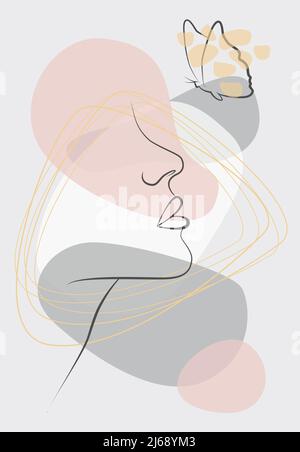 Der Kopf einer Frau mit einer Komposition in Form eines Schmetterlings. Handgezeichnete Vektor-lineare Grafik-Illustration. Zeichnen im Stil einer Linie. Stock Vektor