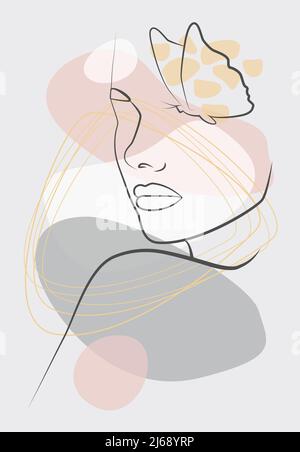 Das Gesicht einer Frau mit einer Schmetterlingskomposition. Handgezeichnete Vektor-lineare Illustration. Zeichnen im Stil einer einzelnen Linie. Hochformat Stock Vektor