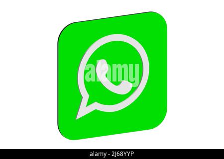 WhatsApp. WhatsApp-Symbol. Telefonsymbol in weiß und grün quadratischer Farbe. Weißer Hintergrund. Abbildung. Stockfoto