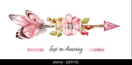 Aquarell-Poster mit Pfeil und Blumen. Banner mit Tribal-Boho-Federn, Blumen und Schriftzügen. Handbemalte Illustration mit Text für Stockfoto