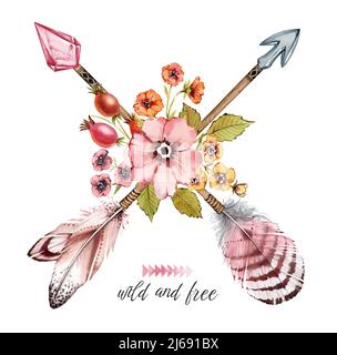 Aquarell gekreuzte Pfeile und Blumen. Banner mit Tribal-Boho-Federn, Blumen und Schriftzügen. Handbemalte Illustration mit Text zum Ausdrucken Stockfoto