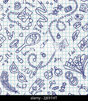 Nahtlose Muster aus Mode und Schönheit Mädchen Accessoires auf Notebook-Papier Stock Vektor