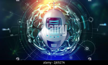Chat bot, Smart Assistant, Smart Home, Internettechnologien und mobile Geräte. 3D Illustration eines Mini-Roboters im Medien-Cyberspace Stockfoto