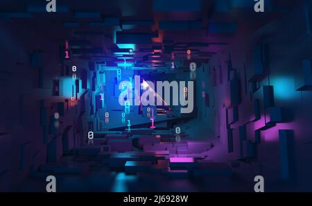 Neonlicht, Ultraviolett. Cyberspace und Virtual Reality 3D Illustration. Im Raumschiff. Fantastischer Tunnel, digitale Stadt, Binärcode Stockfoto