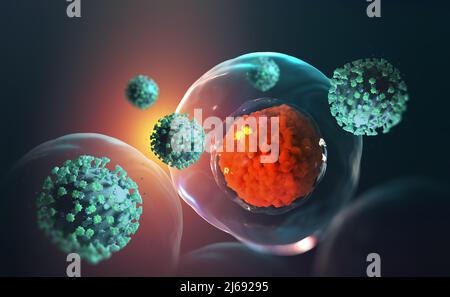 Virus dringt in die Zelle ein. Virale Mutationen im Körper. 3D Illustration einer abstrakten Zelle, die von Antigen betroffen ist Stockfoto