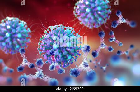 Virus unter dem Mikroskop. Antikörper und Virusinfektion. Immunabwehr des Körpers. Angriff auf Antigene 3D Illustration Stockfoto