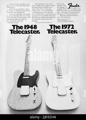 Eine Anzeige für Fender Telecaster Solid Body Gitarren von 1972. Sie freuen sich, dass sich 24 Jahre nach der ersten Produktion wenig geändert hat Stockfoto