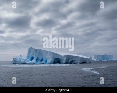 Ein großer Eisberg mit Löchern und Bögen, der sich in der Nähe von Krönungsinsel, Südorkneys, Antarktis, Polarregionen gebildet hat Stockfoto