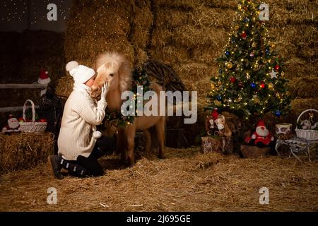 Weihnachtsschmuck auf den Ställen. Ein schönes Pony mit einem Kranz um den Hals. Weihnachtsbaum mit Luftballons, Fotozone für das neue Jahr. Ältere Frau küsst Pferd Stockfoto