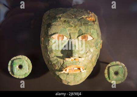 Jade Maske, 600-800 n. Chr., aus der archäologischen Zone von Calakmul, Museum, Fort San Jose, Campeche, Bundesstaat Campeche, Mexiko Stockfoto