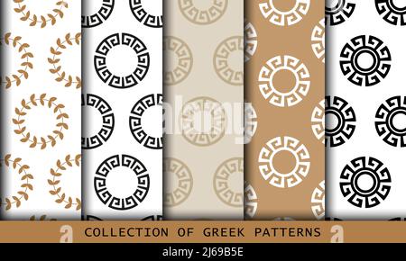 Vektor nahtlose griechische Muster Sammlung, Kunst Set mit runden Mäander Grenzen Stock Vektor