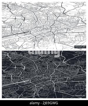 Luftbild oben Stadtplan Frankfurt, schwarz-weiß Detailplan, Stadtraster in Perspektive, Vektorgrafik Stock Vektor