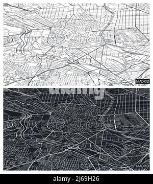 Luftbild oben Stadtplan Madrid, schwarz-weiß Detailplan, Stadtgitter in Perspektive, Vektor-Illustration Stock Vektor